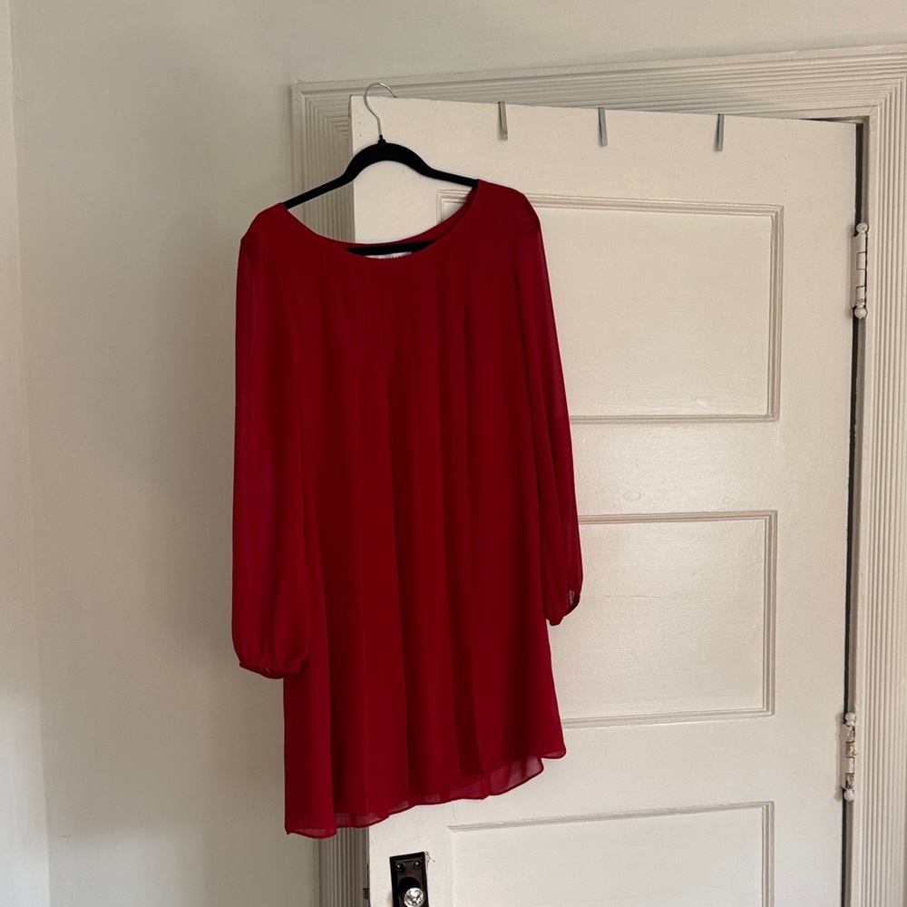 Max Studio Red Chiffon Long-Sleeve Shift Dress